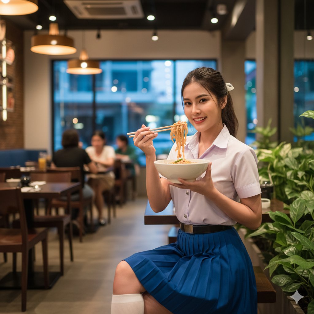 Showing a female student in a white and blue school uniform, eating pad thai at a restaurant.