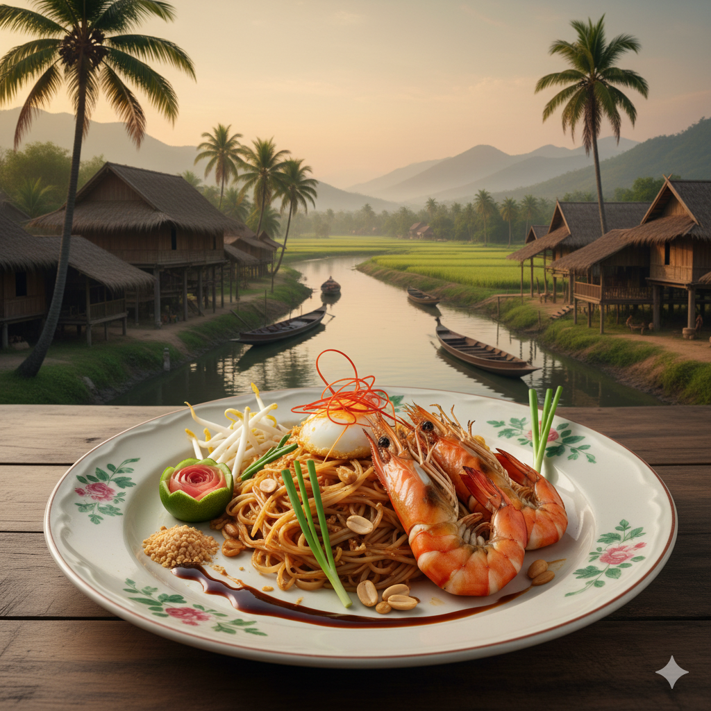 Traditional Thai Pad Thai dish served with fresh ingredients, representing historical Thai cuisine style with vintage aesthetic and rustic presentation.