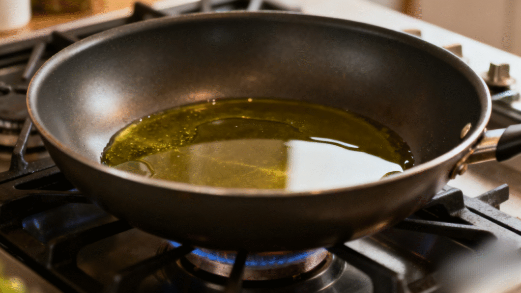 The oil is heated in a pan with the stove on underneath