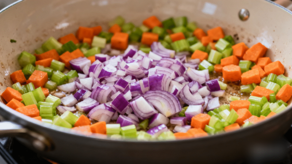 Chopped onions, carrots, and celery sautéing in olive oil inside a pot for Italian pasta fagioli soup base