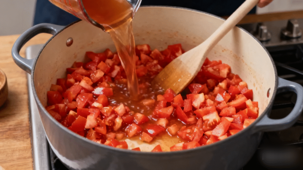 Tomatoes and broth poured into a pot to create the savory base of homemade pasta fagioli soup