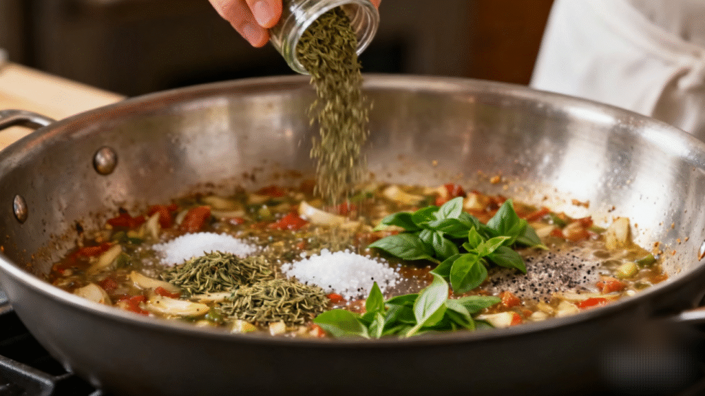 Pasta fagioli soup simmering in a pot with herbs and vegetables, traditional Italian comfort food cooking process