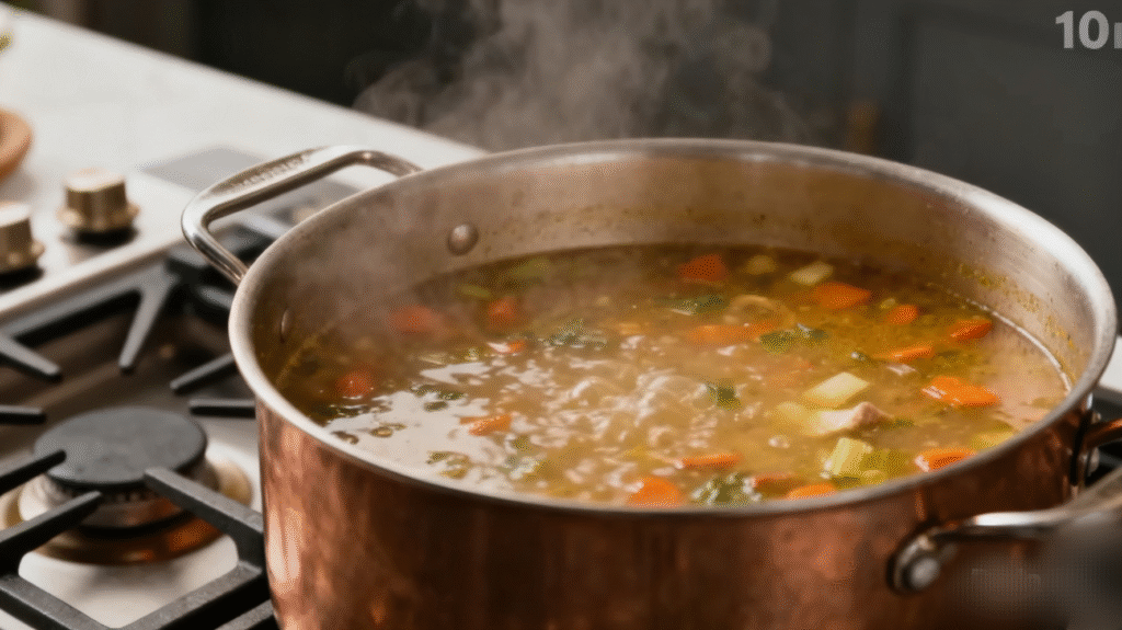 Cannellini beans and small pasta added into simmering soup for hearty pasta fagioli recipe