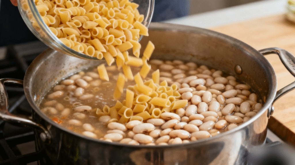 Pasta fagioli soup cooking until pasta is tender and beans are fully incorporated