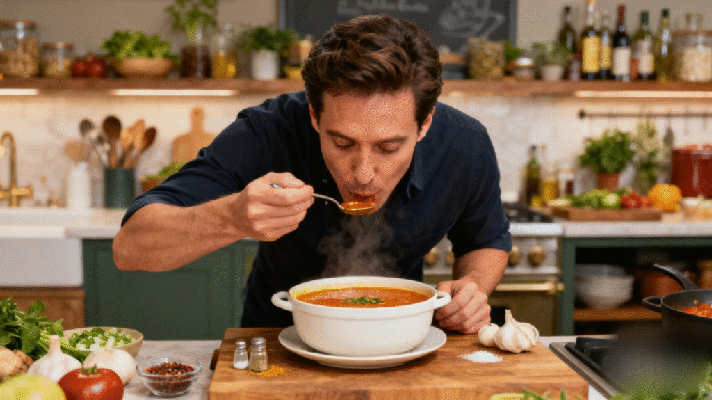 Freshly served pasta fagioli soup topped with parmesan and herbs, cozy Italian homemade meal