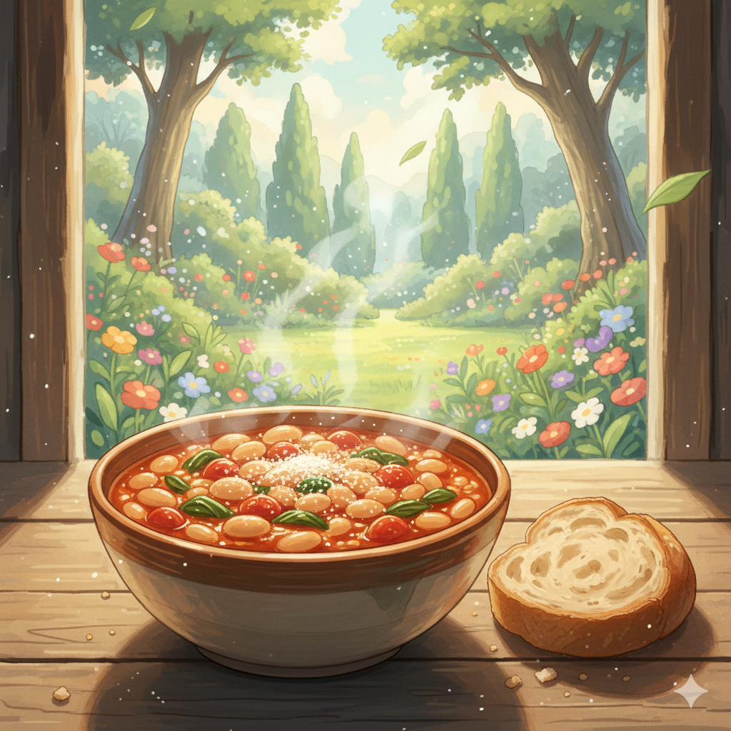 anime illustration of a warm, comforting bowl of Cozy Pasta Fagioli, showcasing delicious details without characters