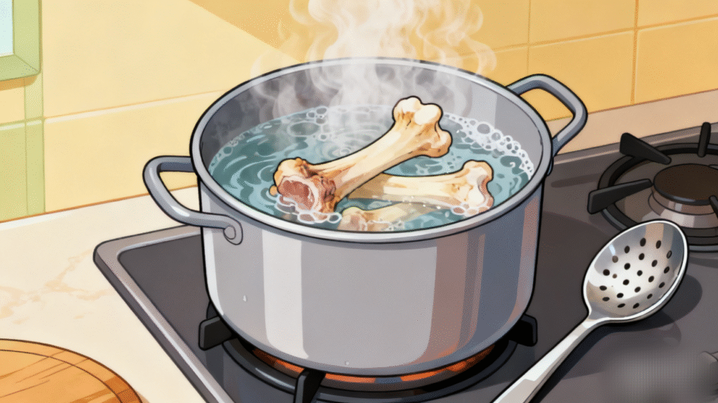 Chicken bones blanched in boiling water to remove impurities for clear ramen soup