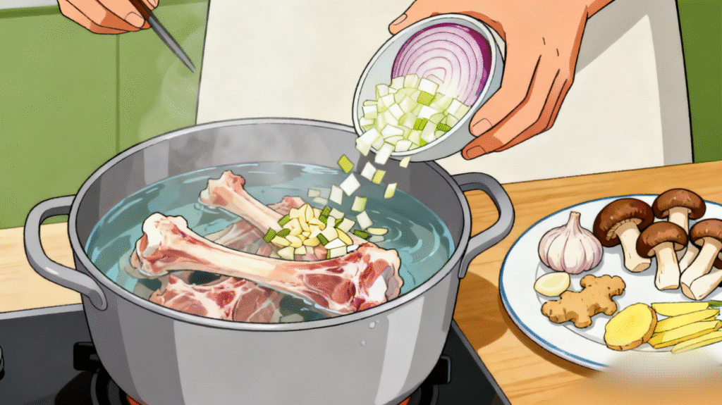 Onion, garlic, ginger, and dried shiitake mushrooms added into ramen broth pot