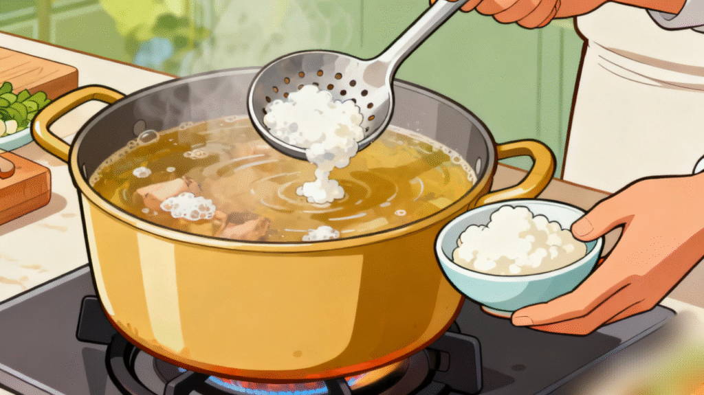 Foam being skimmed from the surface of ramen broth during cooking