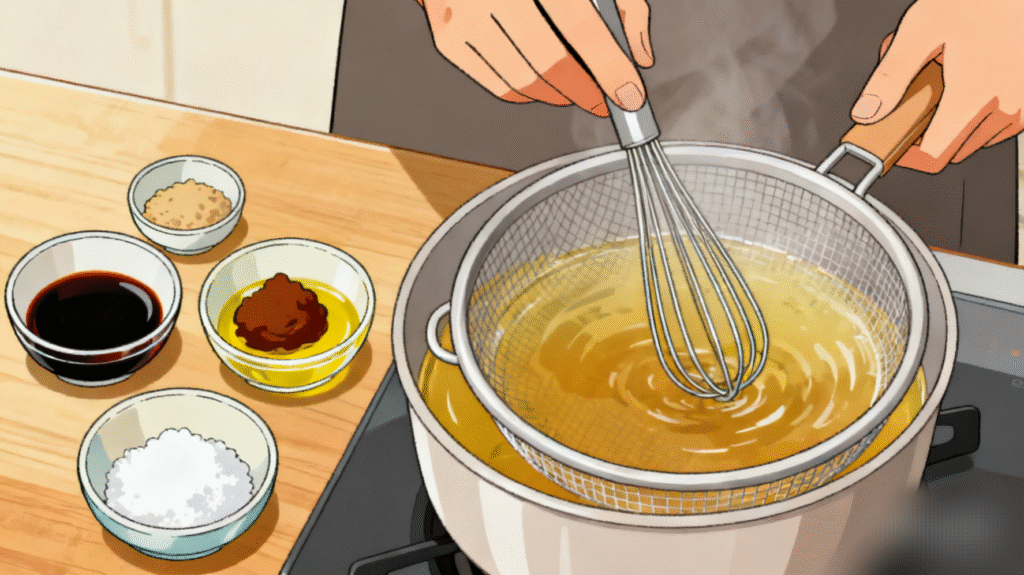 Soy sauce, miso paste, and sesame oil mixed into homemade ramen broth