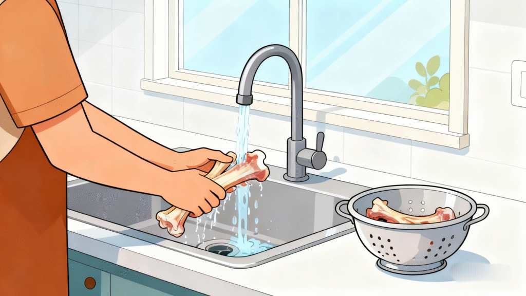 Chicken bones being rinsed under running water to prepare for homemade ramen broth