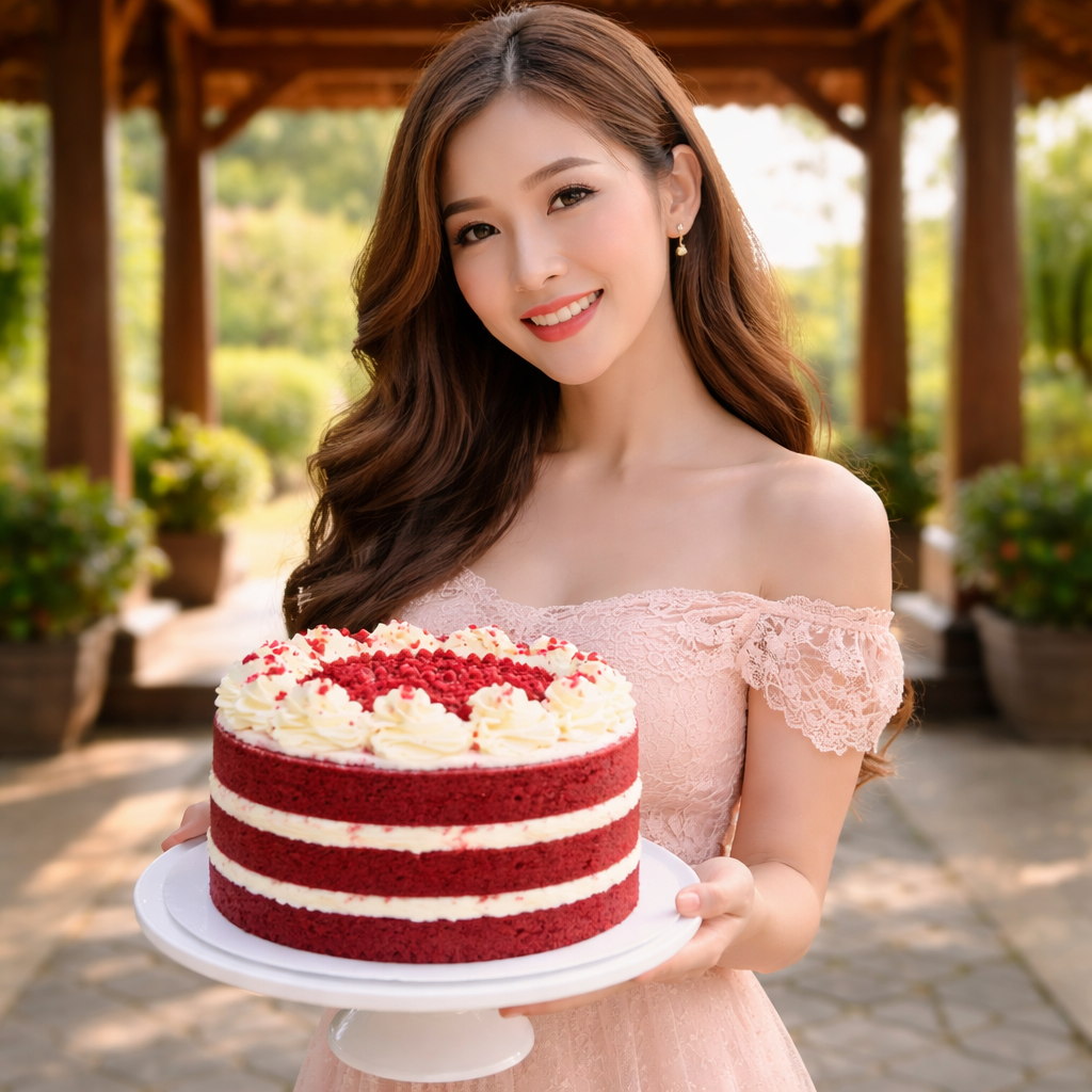 Beautiful Asian woman in an elegant dress holding a homemade red velvet cake with cream cheese frosting in a traditional pendopo setting