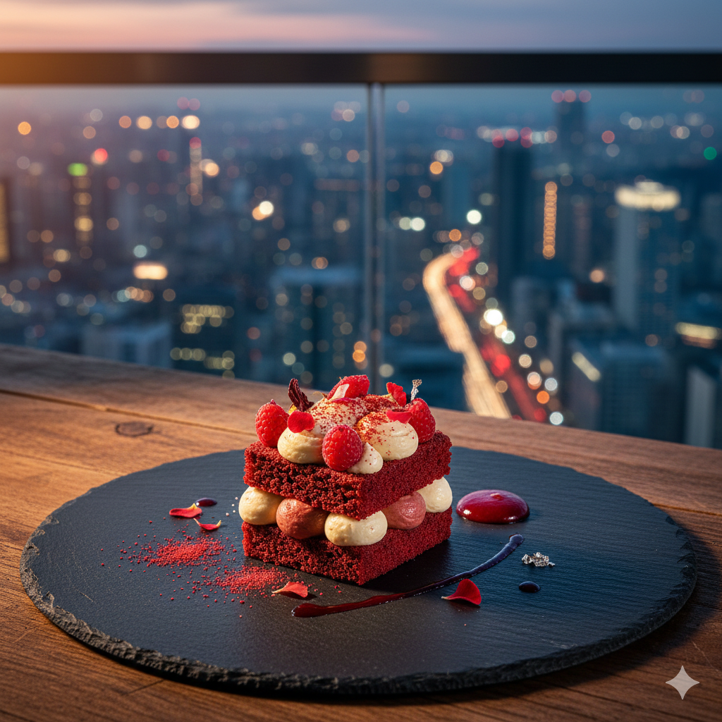 Gourmet Red Velvet Cake plated like fine dining with a blurred metropolitan cityscape background, professional chef-style food photography