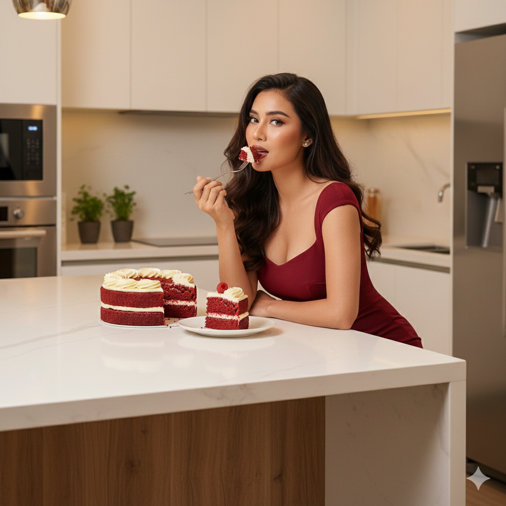 Elegant Indonesian woman in a deep red dress eating Red Velvet Cake in a modern kitchen, portraying a luxurious and happy lifestyle