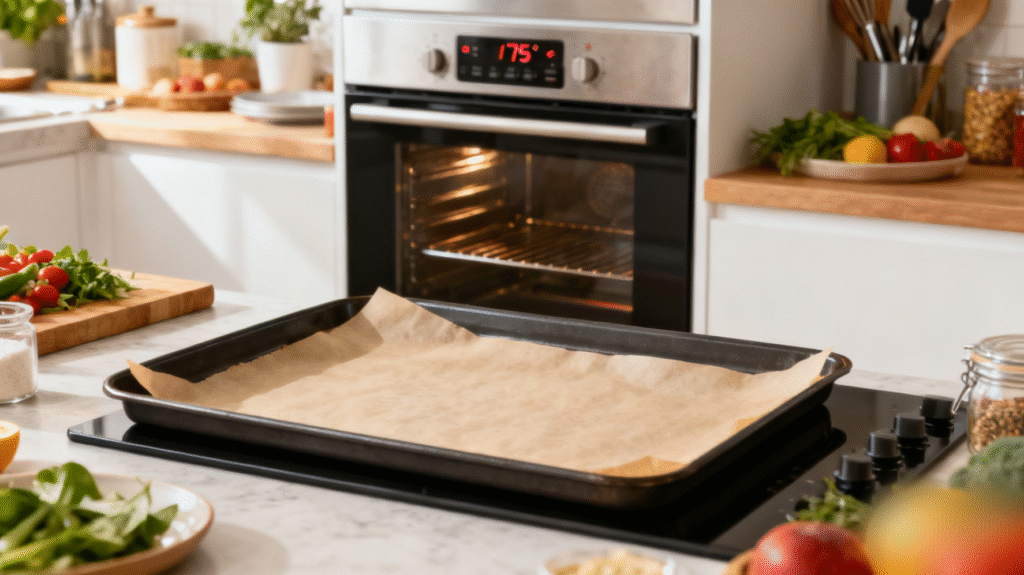 Heated the microwave, and the cake pan is placed on parchment paper.