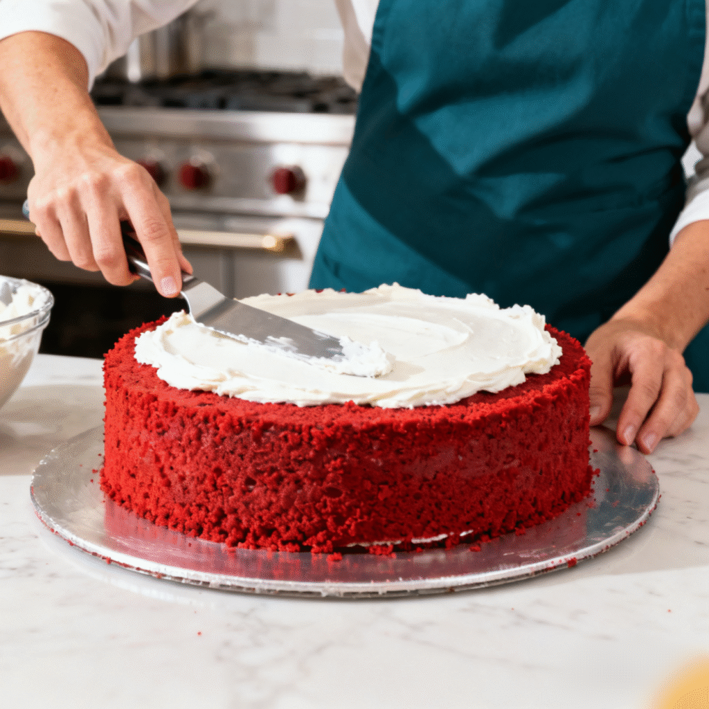 Red velvet cake being frosted with cream cheese frosting using a spatula for smooth layers
