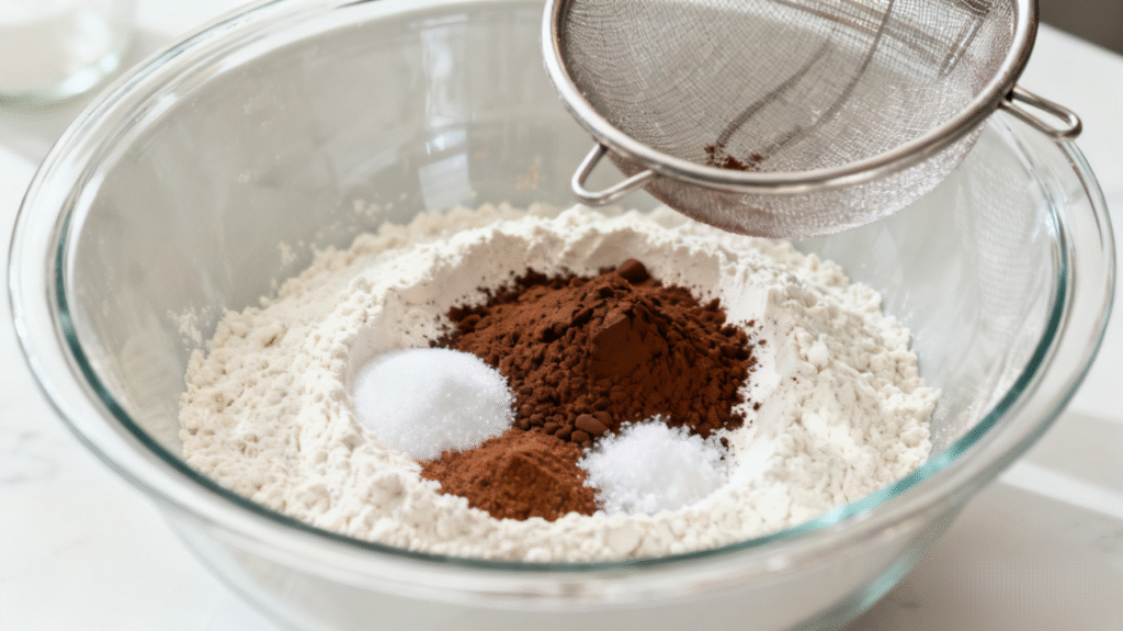 Dry ingredients for red velvet cake being mixed in a bowl including flour, cocoa powder, baking soda, and salt
