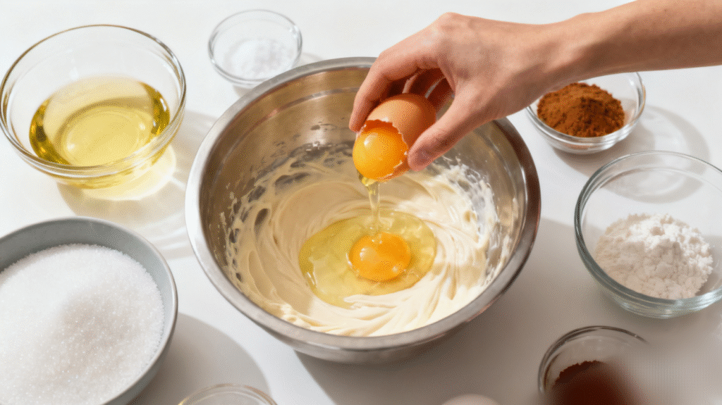 Wet ingredients for red velvet cake batter including eggs, sugar, oil, buttermilk, and vanilla extract being whisked together