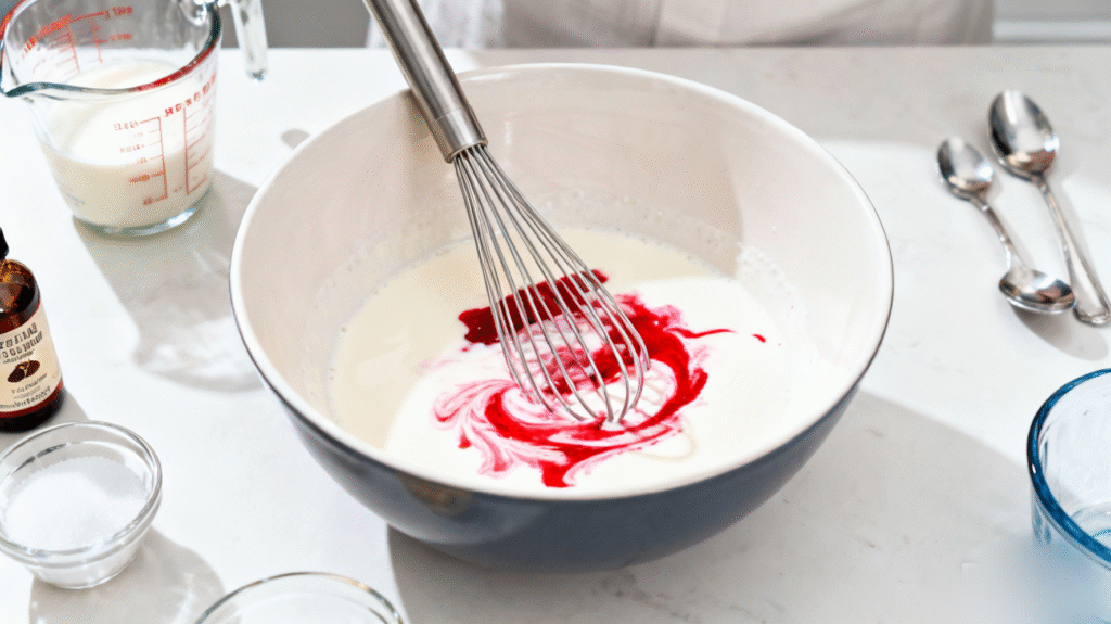 Red velvet cake batter being mixed until smooth with vibrant red color and creamy texture