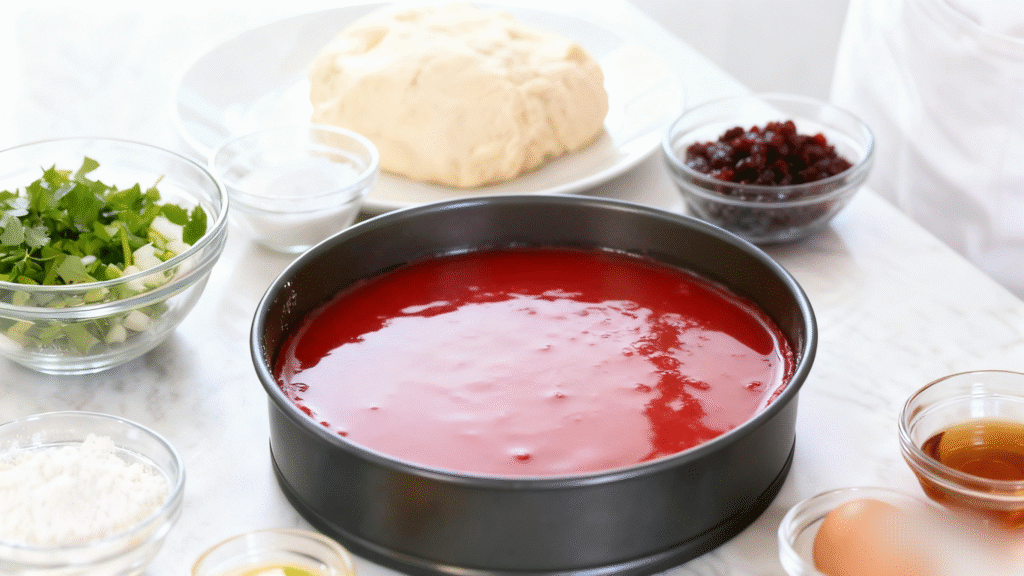 Red velvet cake batter poured evenly into round cake pans ready for baking