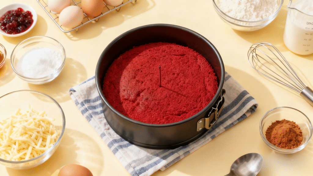 Red velvet cake layers baking in the oven with evenly risen surface and rich red color