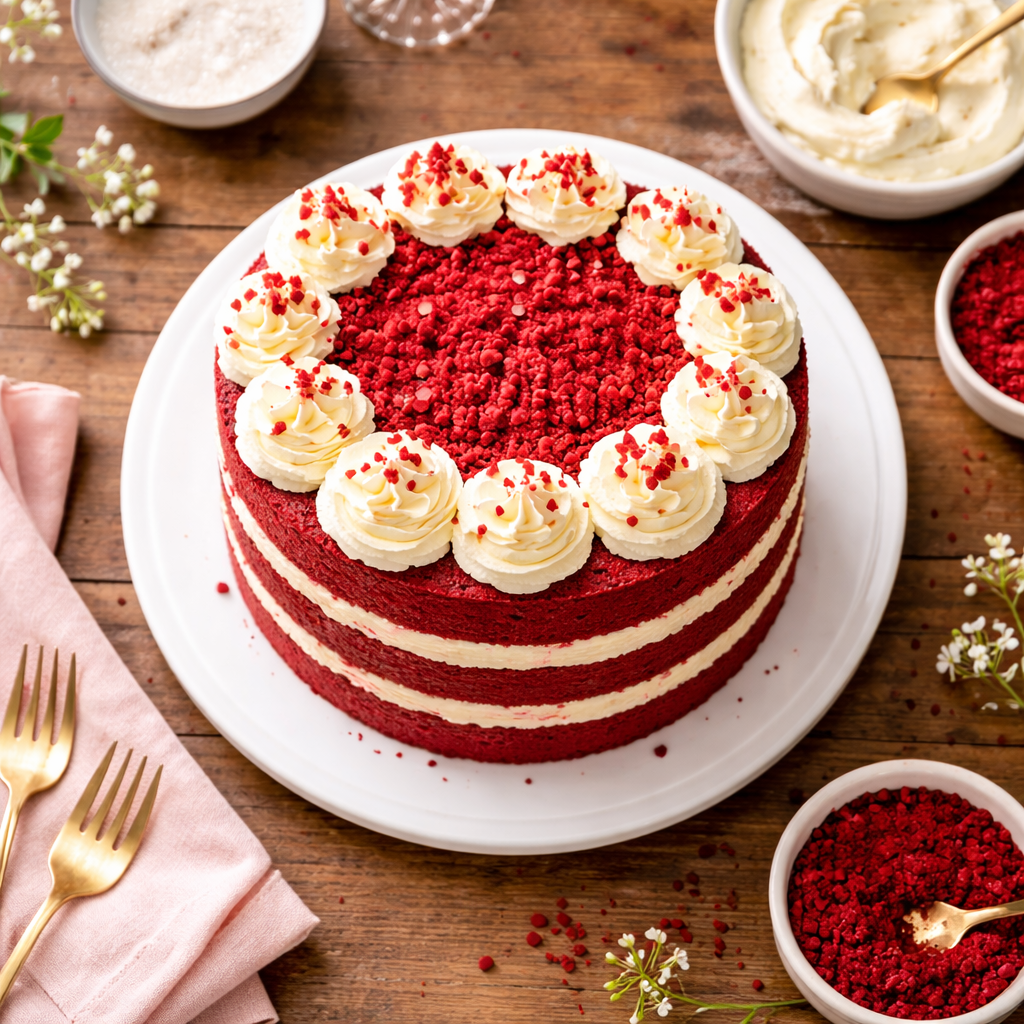 Top view of a homemade red velvet cake with cream cheese frosting on a white plate styled with baking ingredients on a wooden table