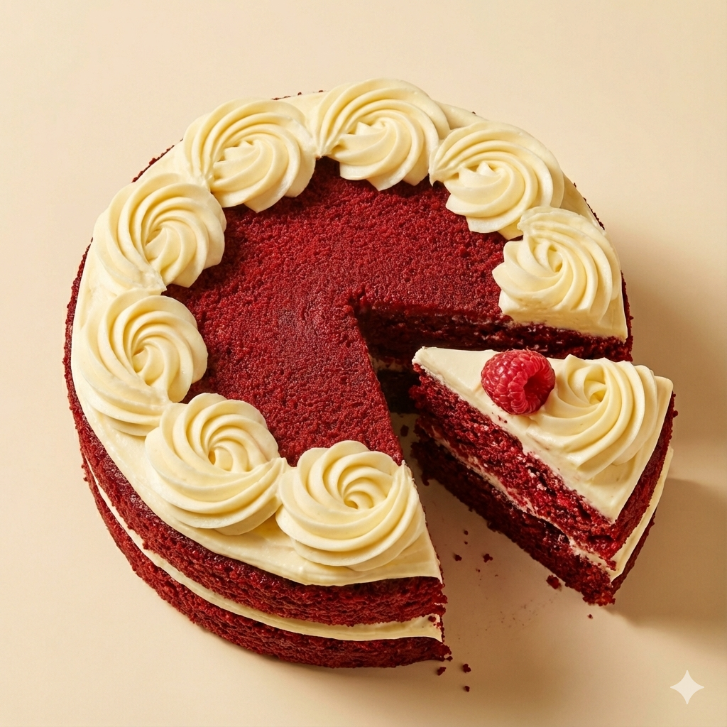 Unique Red Velvet Cake design featuring a ring shape with an empty center and decorative piping, aesthetic dessert inspiration