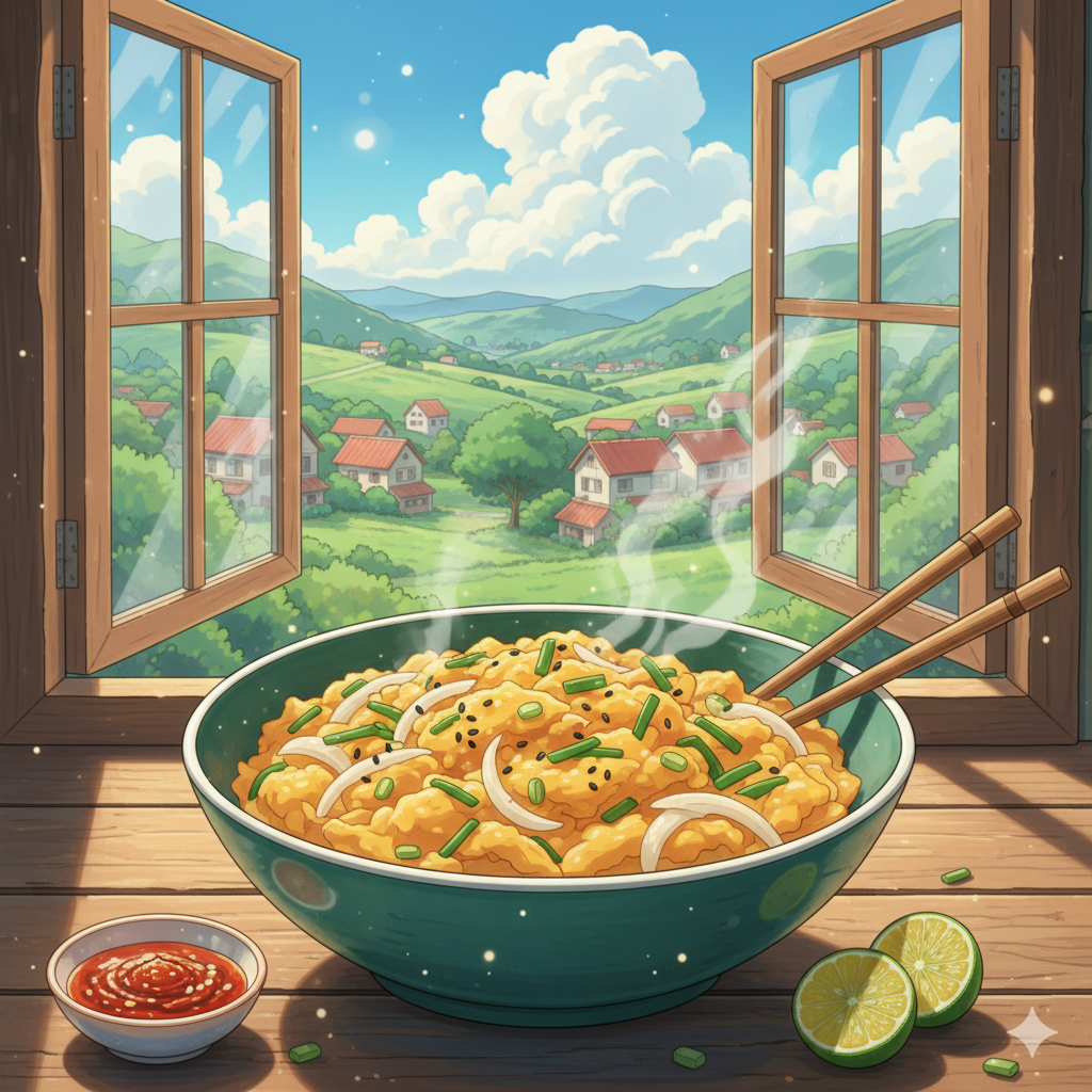Anime style fried eggs in a green bowl and still steaming.
