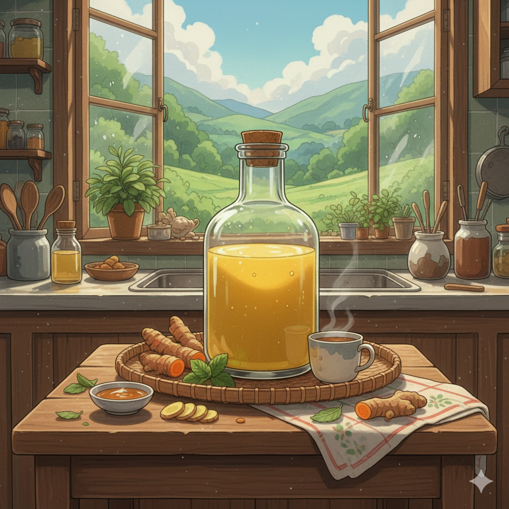 style anime illustration of a refreshing bottle of Yellow Jamu with sparkling effects, aesthetic summer drink art