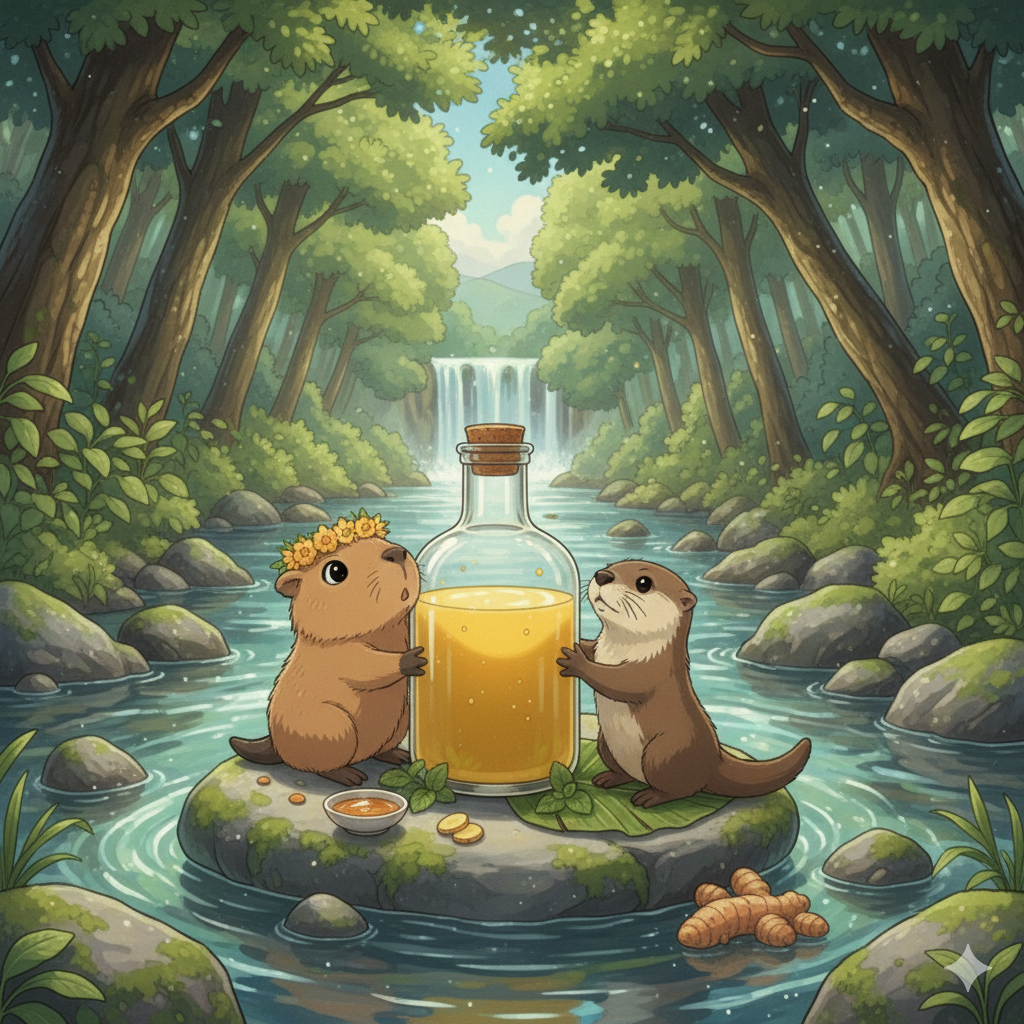 Cute animal holding a bottle of fresh Yellow Jamu sitting on river rocks, nature-themed healthy drink photography.Cute animal holding a bottle of fresh Yellow Jamu sitting on river rocks, nature-themed healthy drink photography