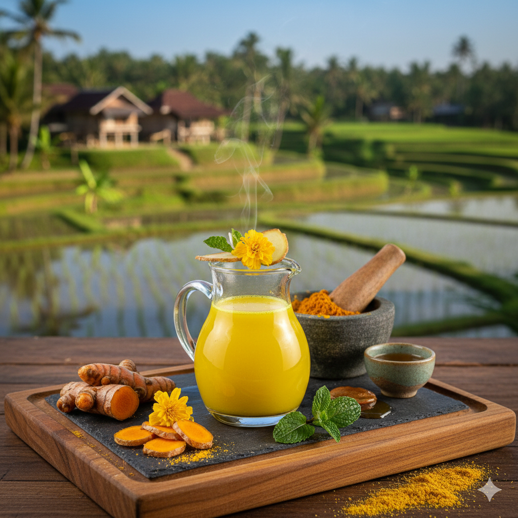 Premium Yellow Jamu drink presentation in a rustic village setting, gourmet herbal beverage styling with blurred nature background