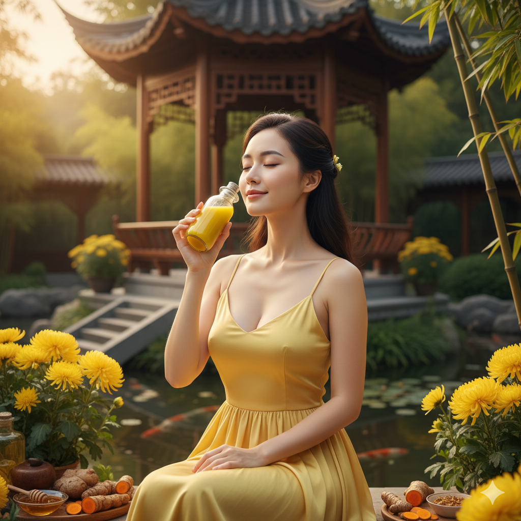 Illustration of an elegant woman with glowing skin wearing a yellow dress drinking fresh herbal Yellow Jamu for beauty and wellness