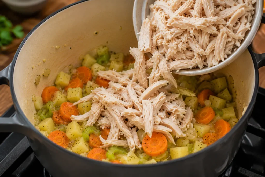 Tender shredded chicken being added to vegetables in a soup pot while preparing Quick Savory Chicken Soup.