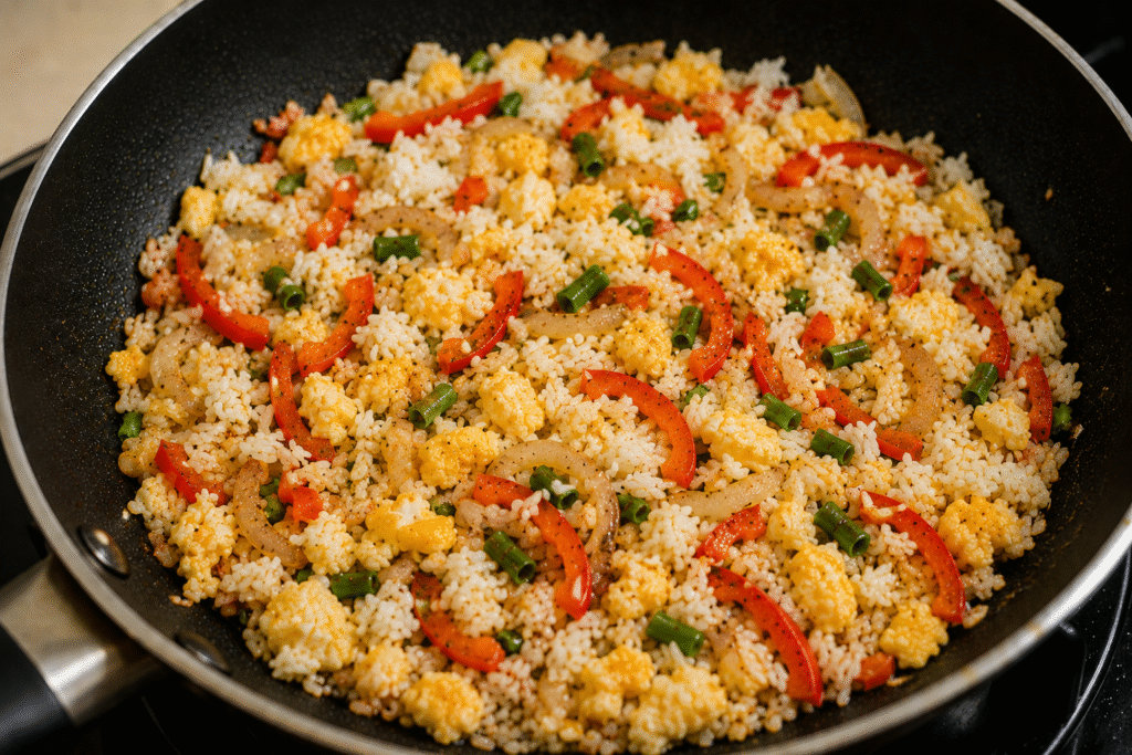 Leftover rice mixed with scrambled eggs and vegetables in a stir fry pan