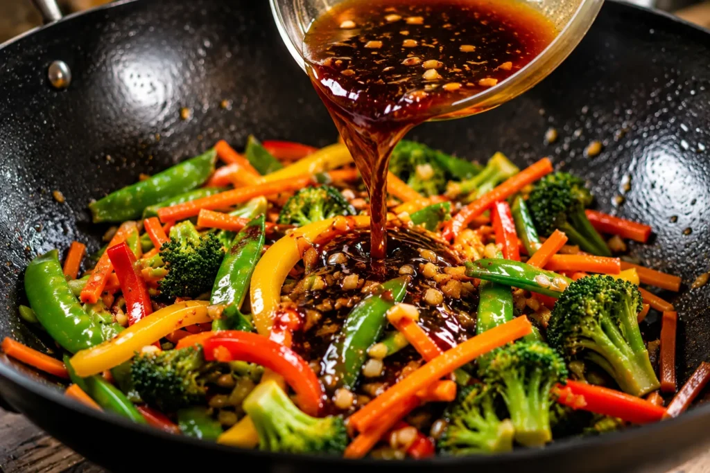 Homemade garlic soy sauce being poured over fresh stir-fried vegetables in a wok for a glossy finish.