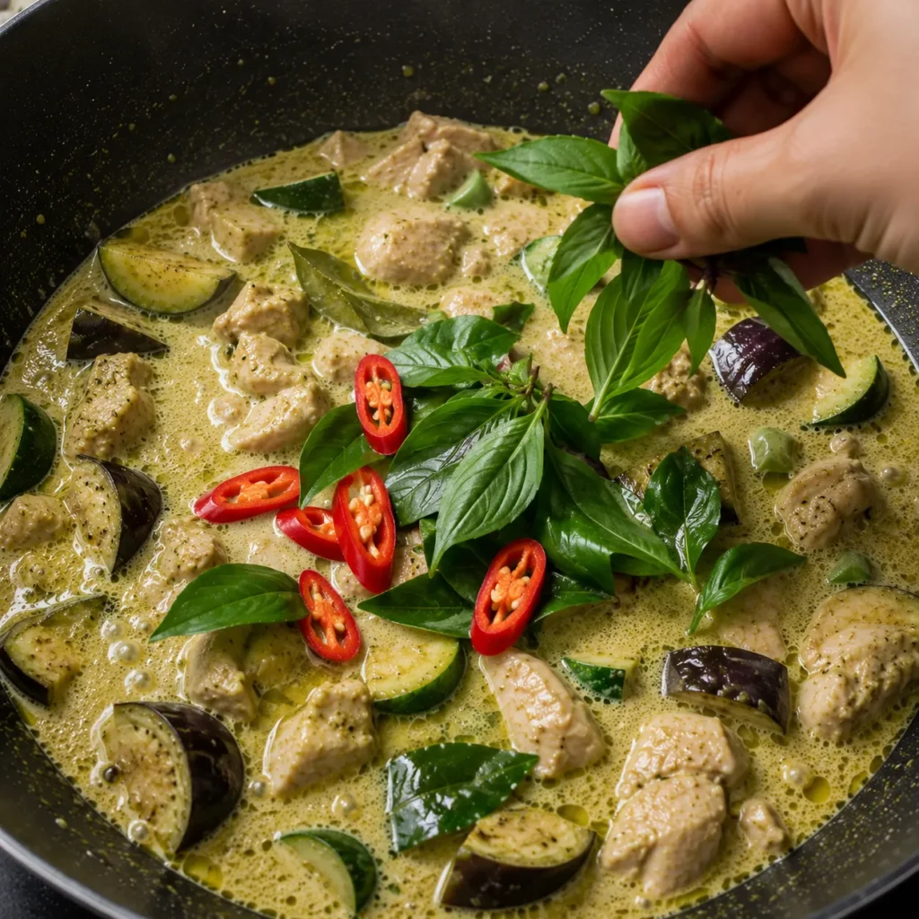 Fresh Thai basil leaves and sliced red chili being added to homemade Thai Green Curry before serving.