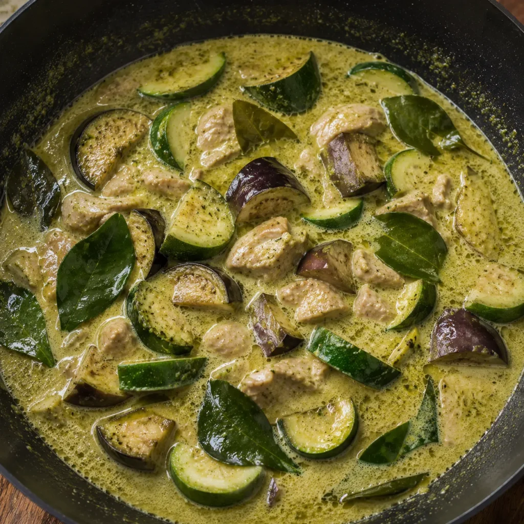 Eggplant and zucchini simmering in creamy Thai Green Curry with fragrant kaffir lime leaves.