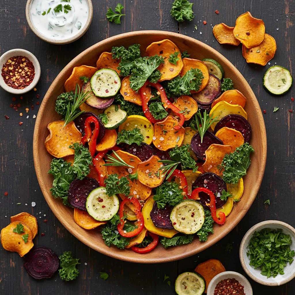 Air Fryer Veggie Chips seasoned served with a creamy dipping sauce.