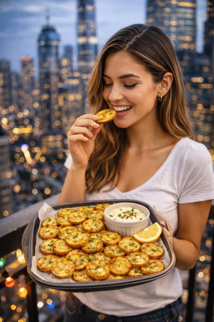 a healthy air fryer fries with a modern city skyline and skyscrapers in the background, showing a joyful and balanced lifestyle