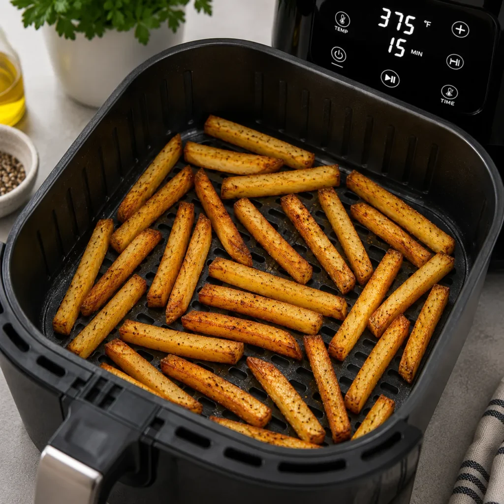 Homemade Air Fryer Fries turning golden brown halfway through cooking inside the air fryer.