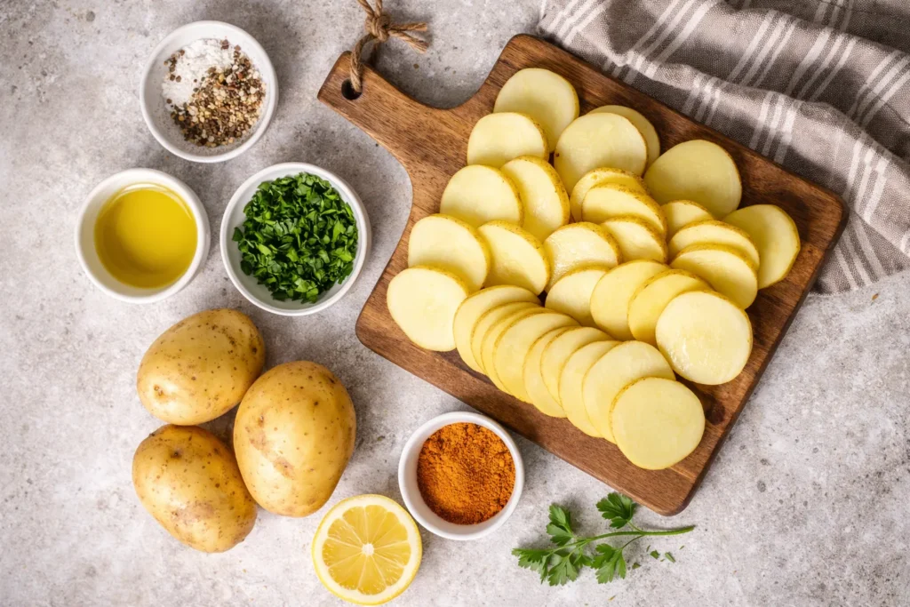 Fresh russet potatoes on a wooden cutting board with a vegetable peeler, chef's knife, and air fryer ready to make crispy homemade Air Fryer Fries.
