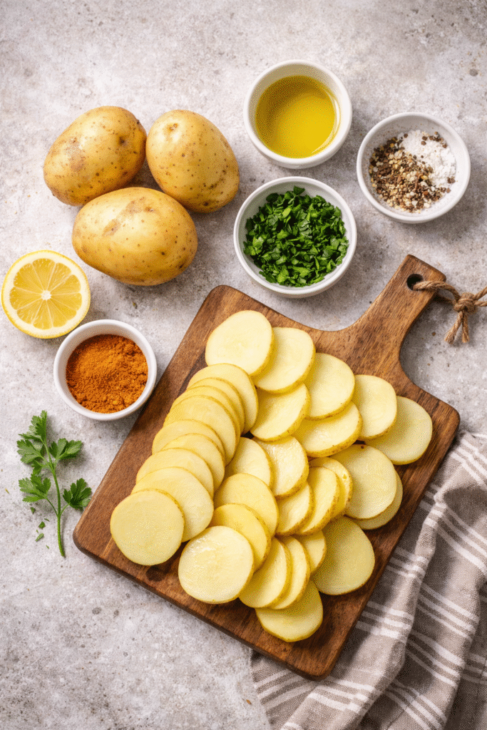 Flat lay of simple ingredients used to make healthy air fryer fries, including fresh potatoes, seasoning, and natural spices prepared for cooking