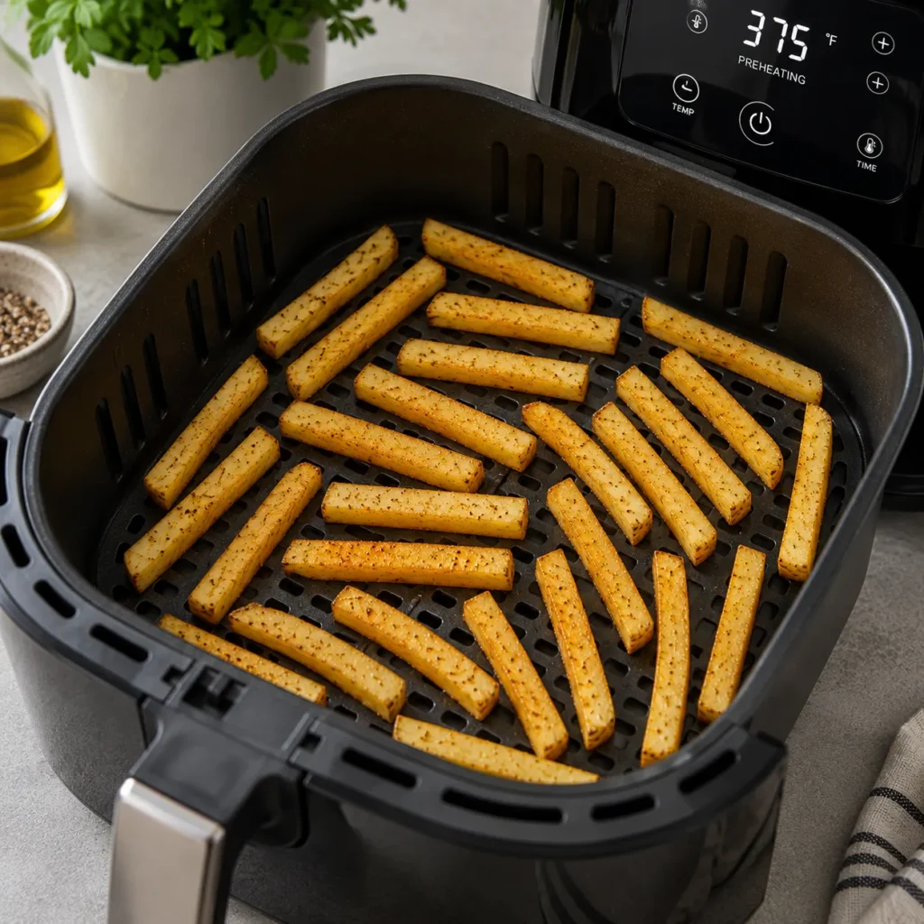Air fryer basket filled with seasoned potato fries arranged in a single layer for even cooking.