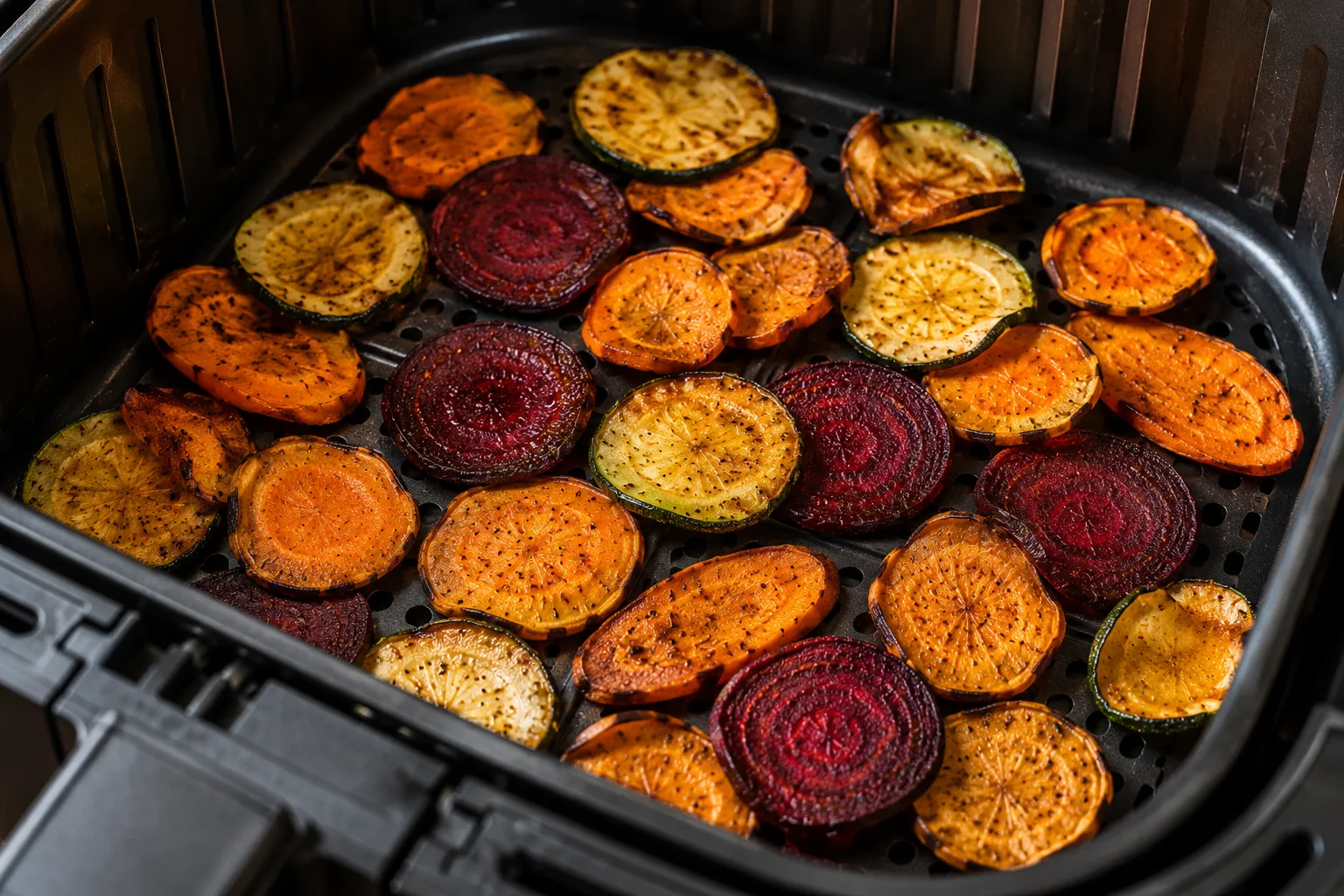 Golden Air Fryer Veggie Chips cooking inside the air fryer with crispy edges beginning to curl.