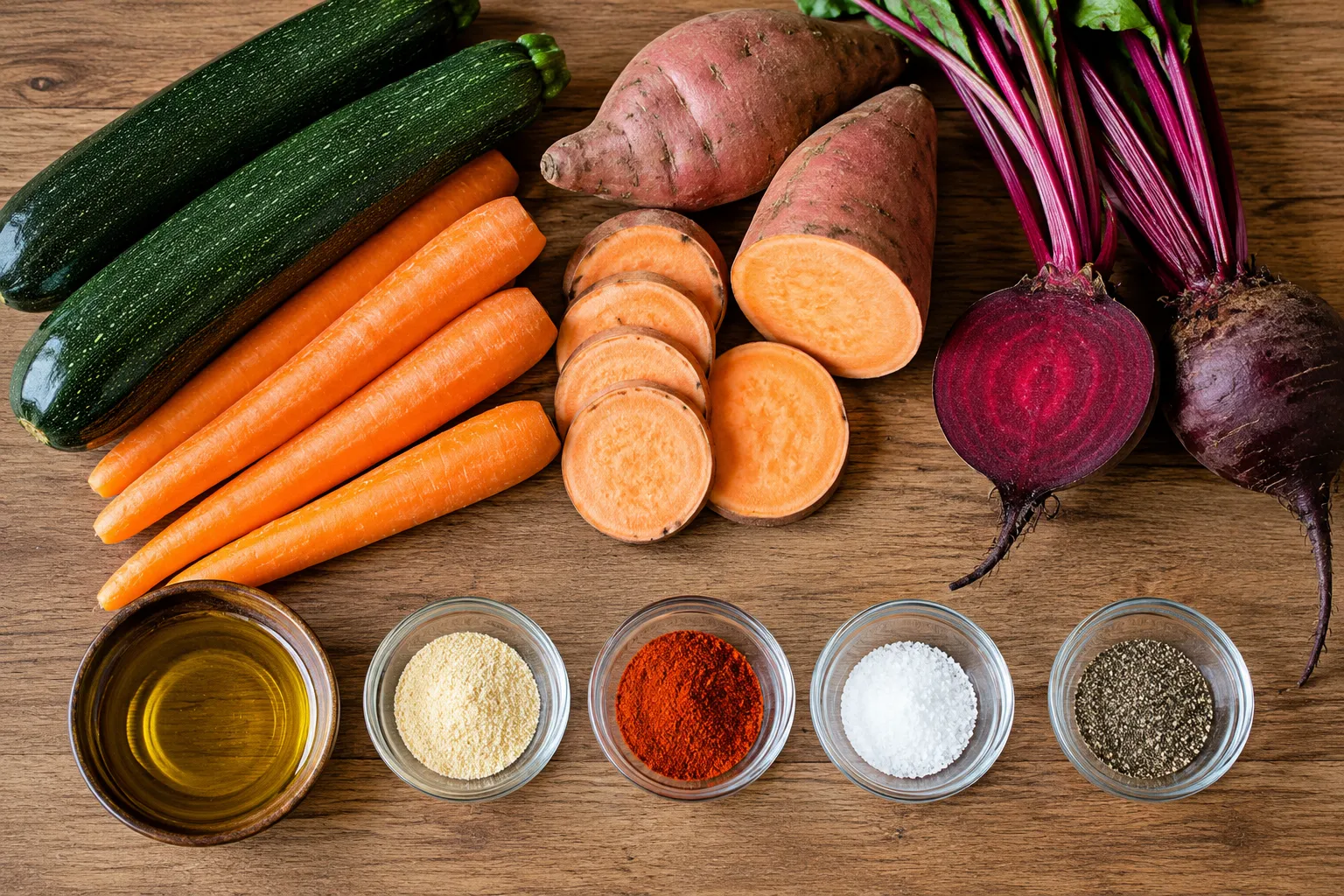 Fresh zucchini, carrots, sweet potatoes, beetroot, olive oil, garlic powder, smoked paprika, salt, and black pepper prepared for homemade Air Fryer Veggie Chips.
