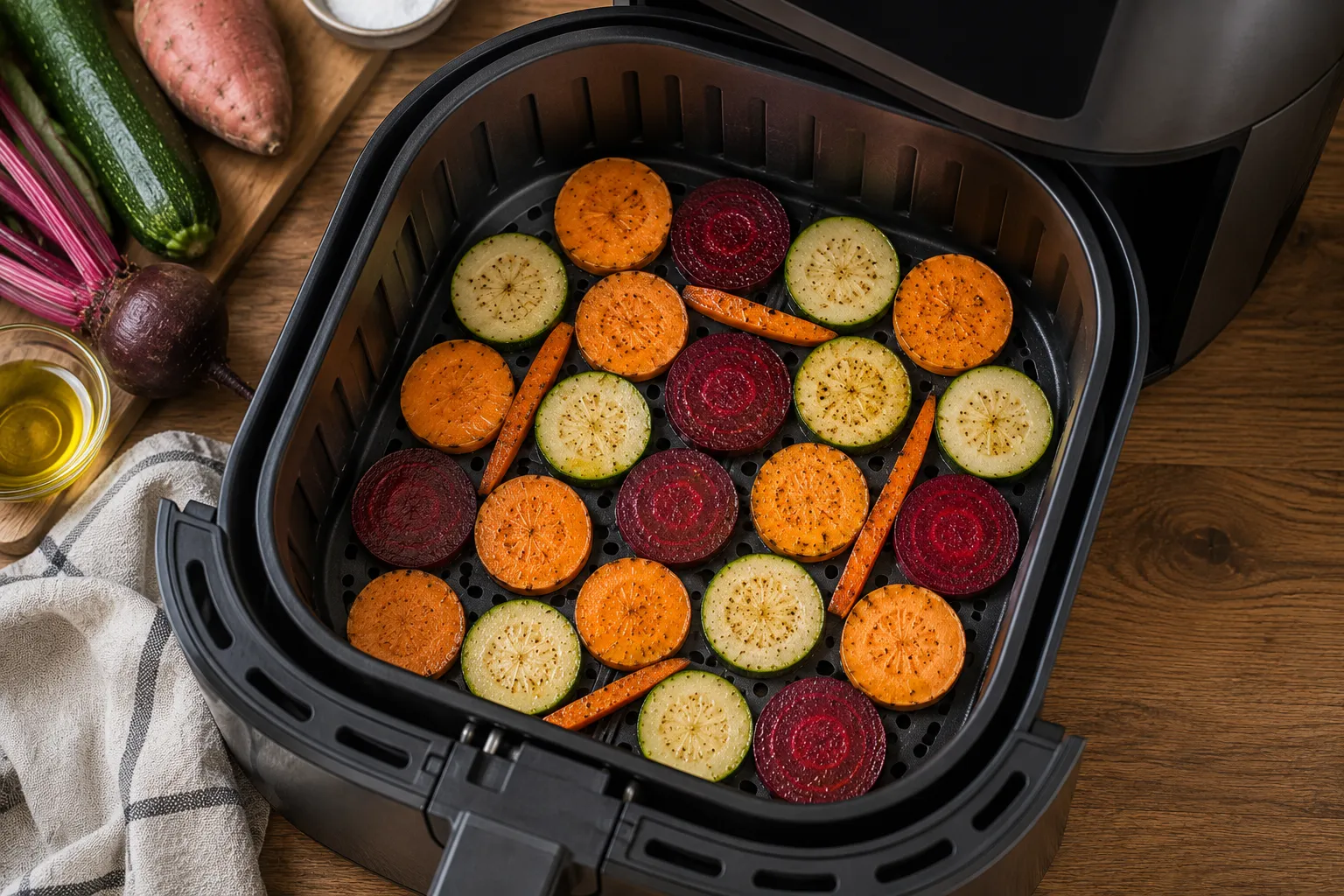 Seasoned vegetable slices arranged in a single layer inside an air fryer basket before cooking.