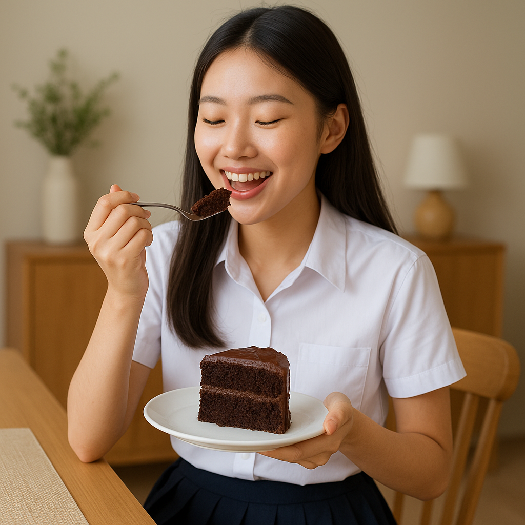 Beautiful Asian student enjoying a moist homemade chocolate cake in a cozy dining room