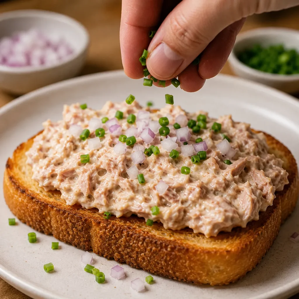 Spreading creamy tuna mayo mixture over crispy toasted bread and topping with fresh chives and chopped onions.