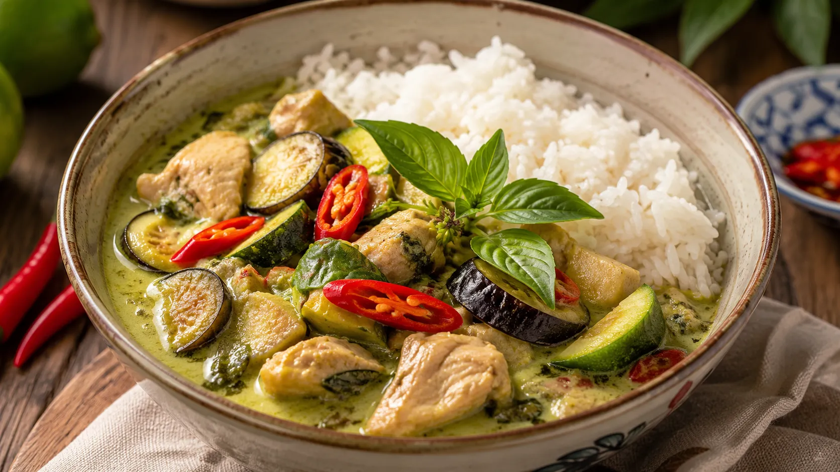 Authentic Thai Green Curry with tender chicken, eggplant, zucchini, Thai basil, and jasmine rice served in a traditional ceramic bowl.