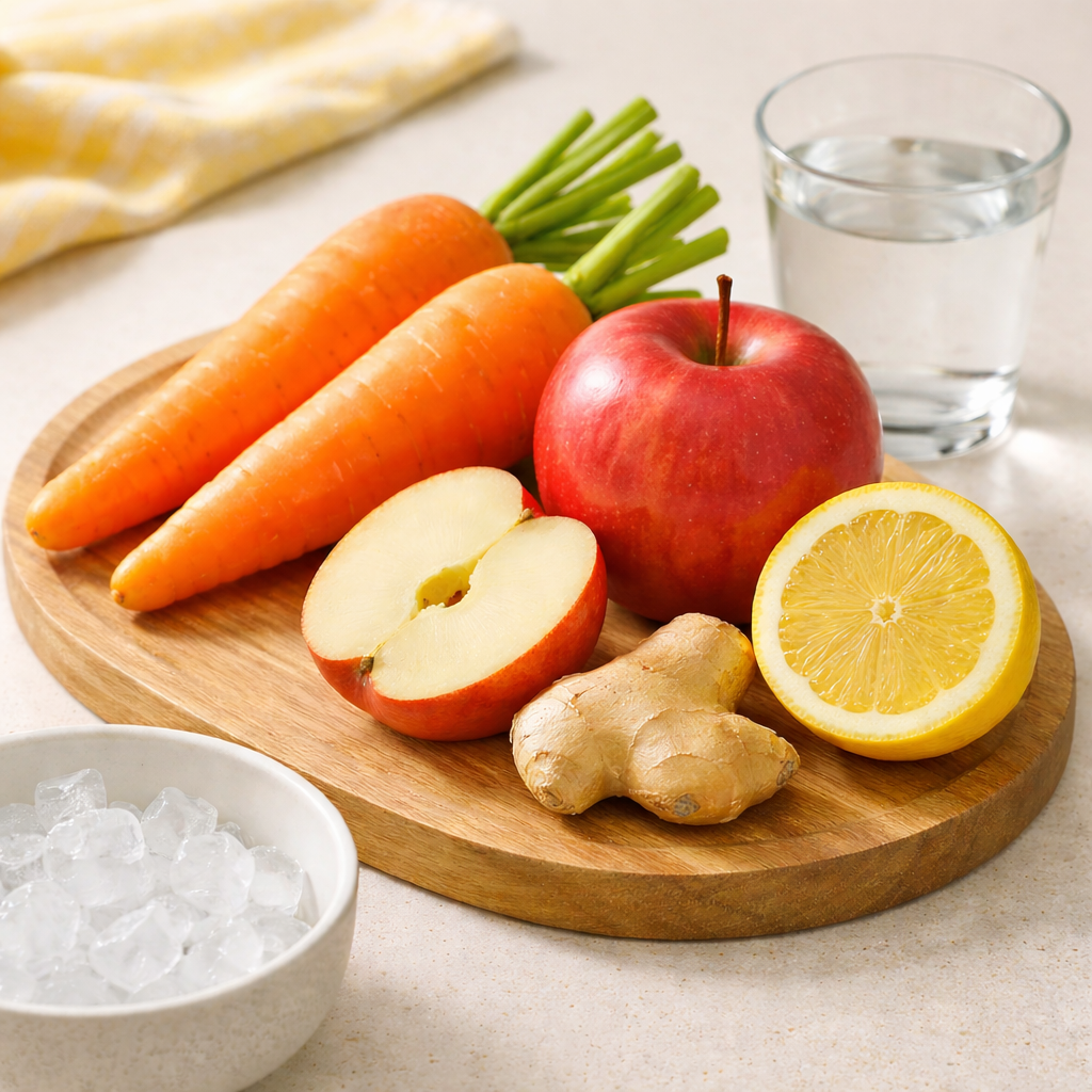 Healthy detox carrot juice ingredients including fresh carrots, red apple, lemon, ginger, water, and ice arranged on wooden board